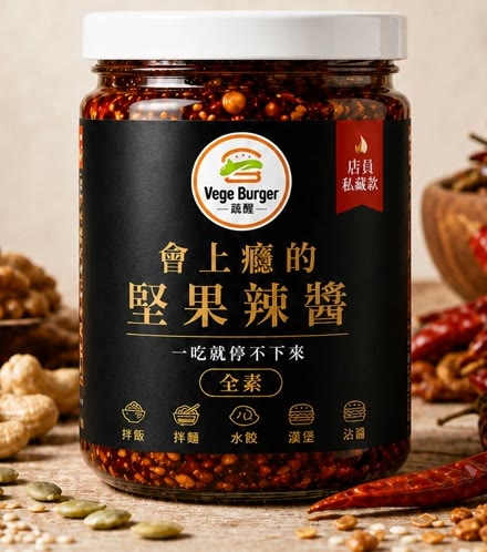 蔬醒椒麻堅果辣醬 250g 玻璃罐,黑色標籤印有會上癮的堅果辣醬與全素標示